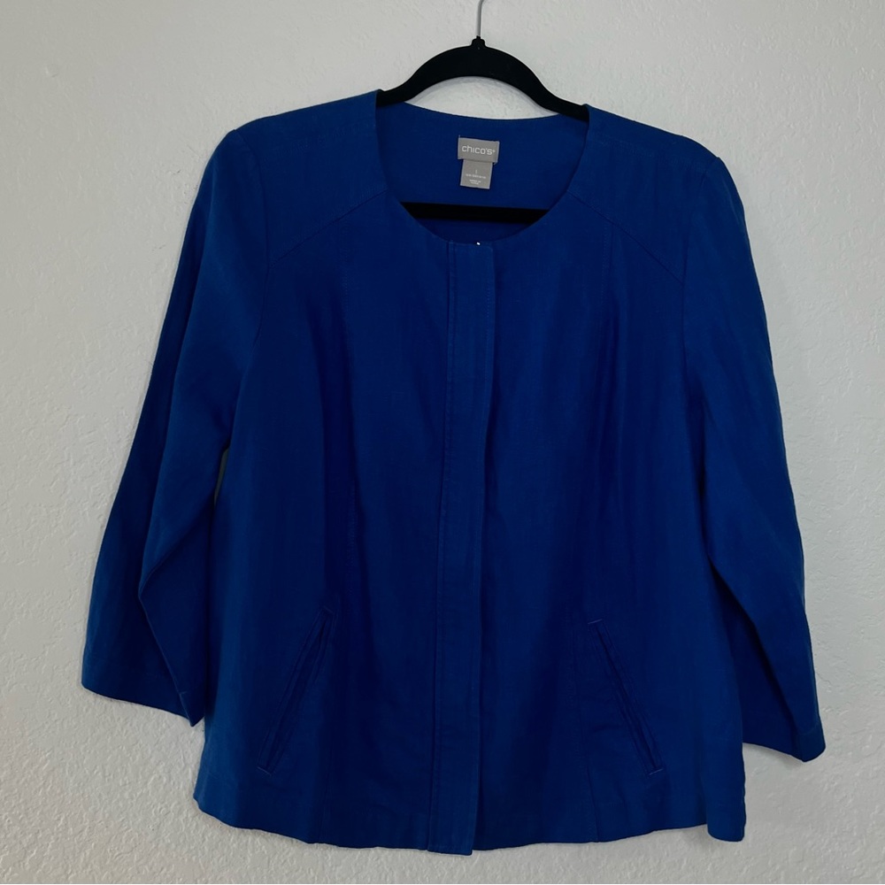 Chico’s Bright Blue 100% Linen Zip Front Shirt Jacket 3/4 Sleeve Size Medium - 1
